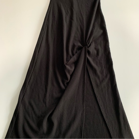 Reformation Hilo Knit Halter Tie Neck Midi Slit Cut Black Rib Faux Wrap Dress XS - Picture 4 of 14